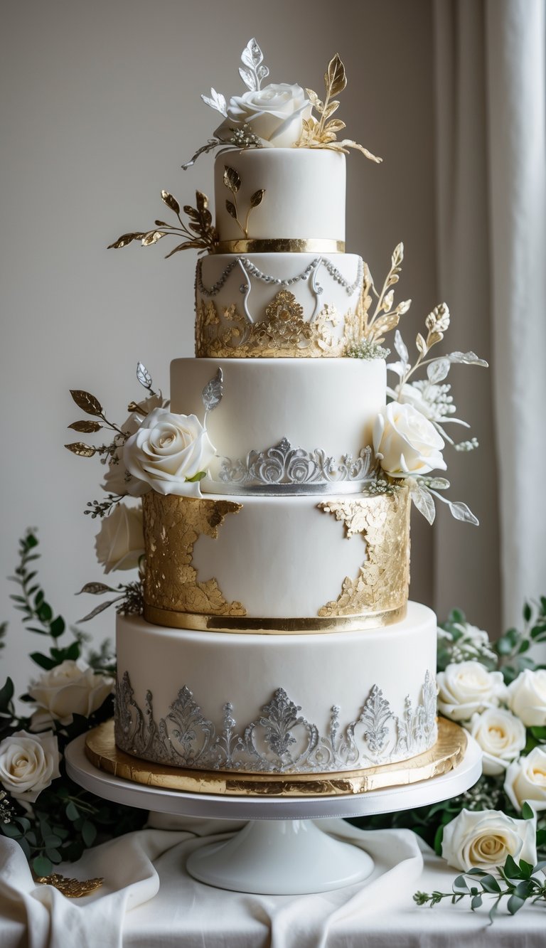 A multi-tiered wedding cake decorated with metallic silver and gold accents on a white stand, surrounded by white flowers and greenery.